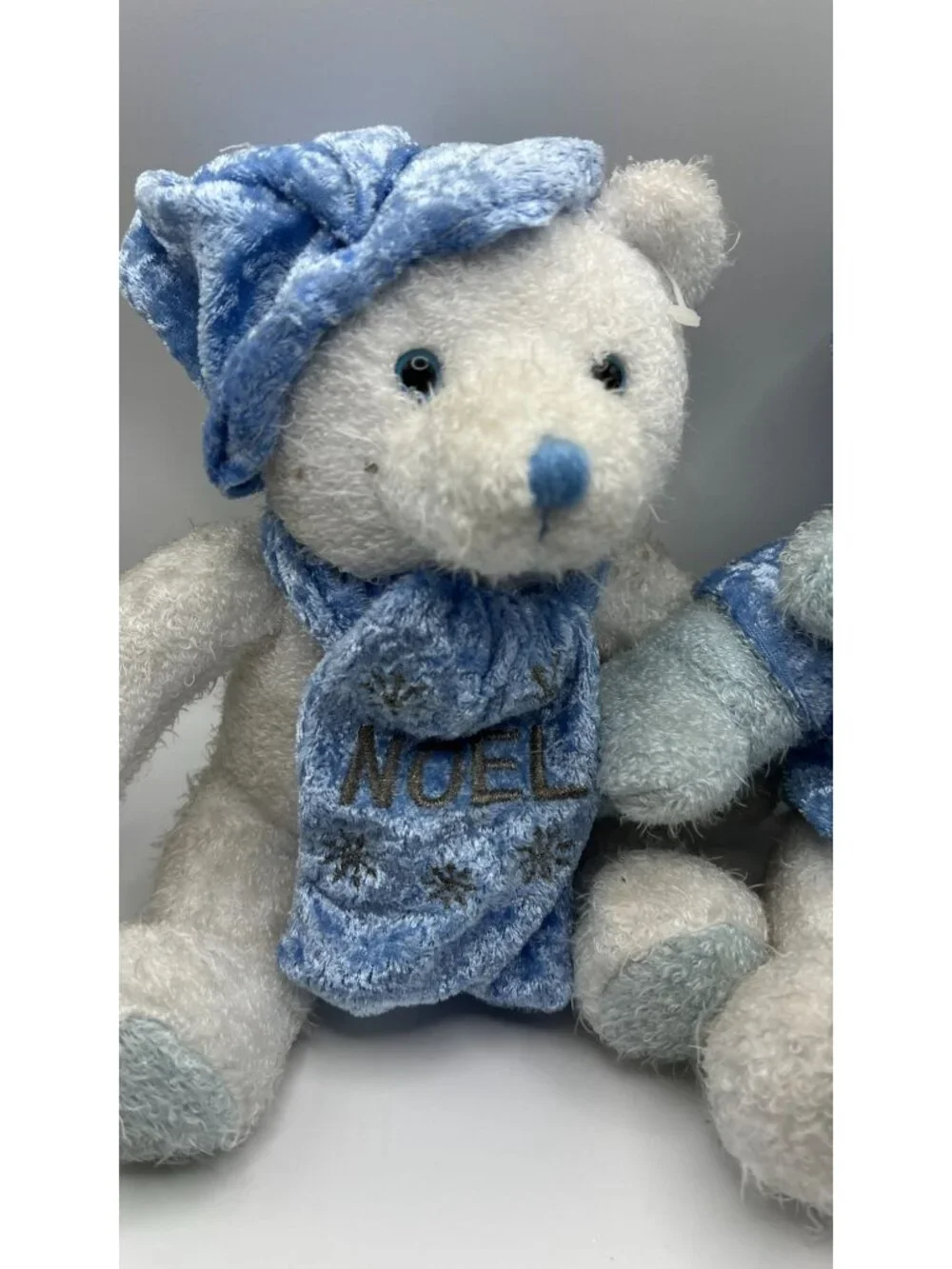 Noel & Joy Holiday Plush Bear & Snowman Set Blue Velour Accents Winter Decor Col